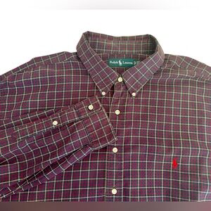 Ralph Lauren Button Down Shirt Men Size 2LT Tall Navy Maroon  Gingham Check